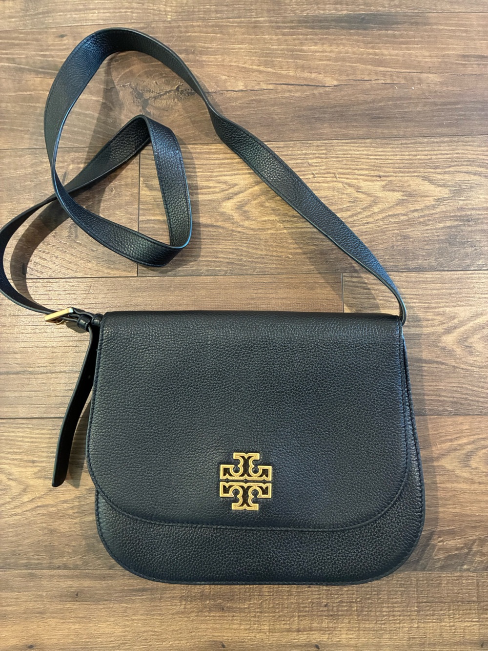 Tory Burch Britten Black Pebbled Leather Crossbody Saddle Bag